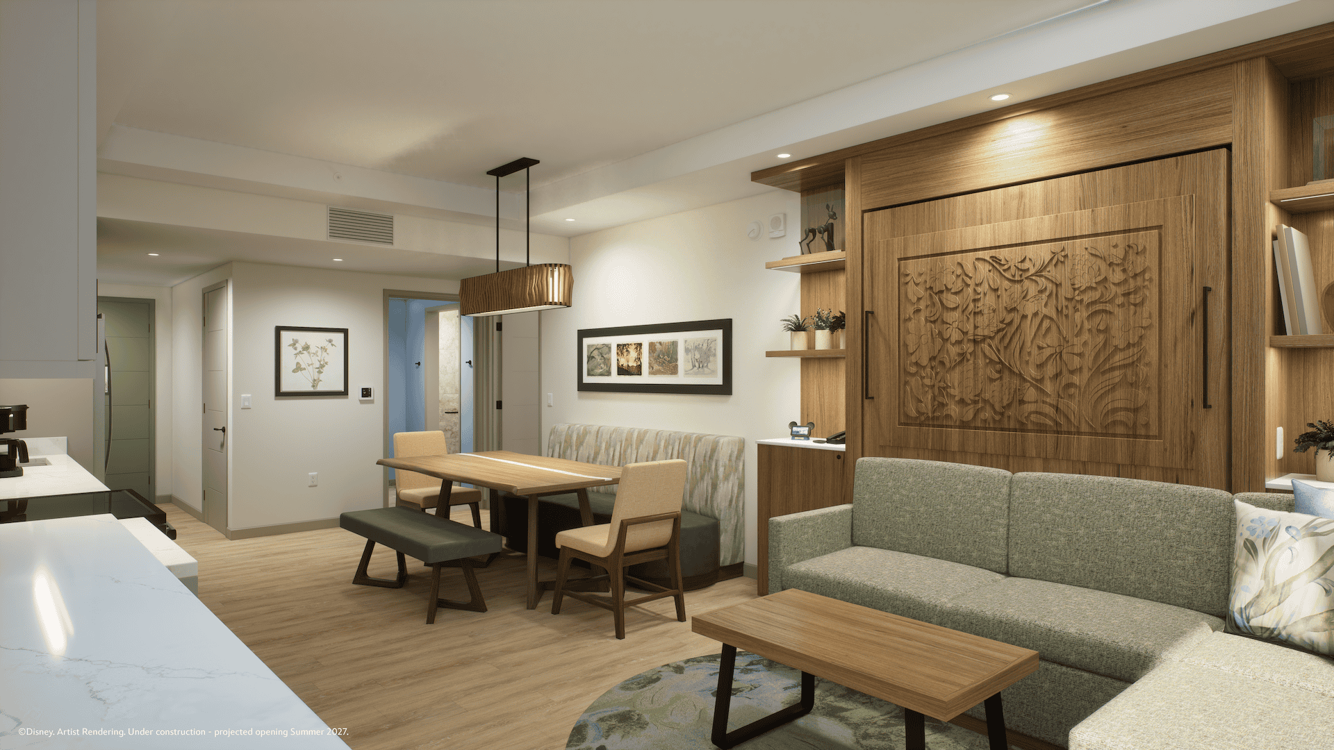 Kitchen and Living space in a one and two bedroom villa (Artist Concept Disney Lakeshore Lodge)