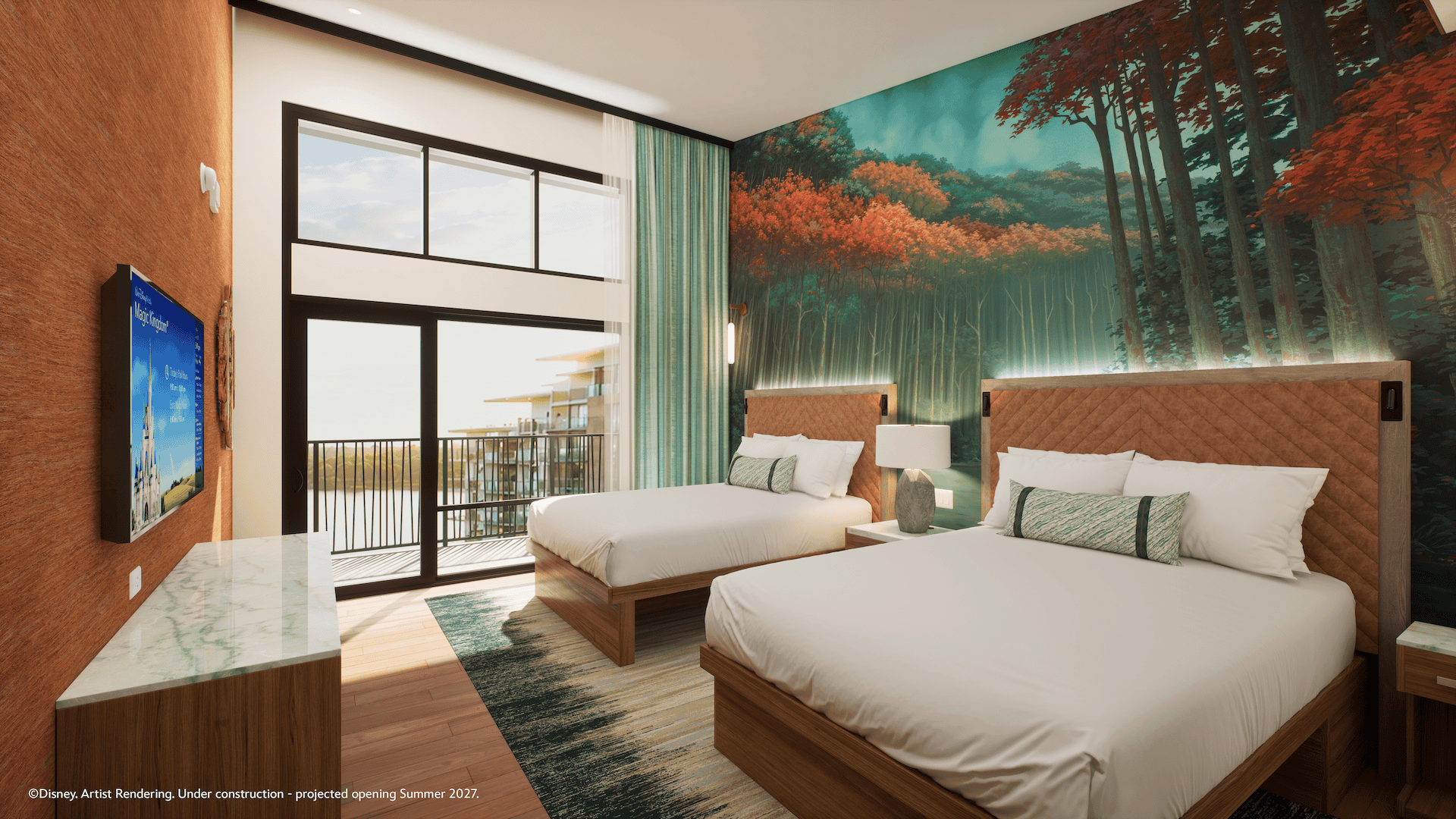 a two queen bed room with forest backdrop mural (Artist Concept: Hidden Willow Presidential Suite at Disney Lakeshore Lodge)