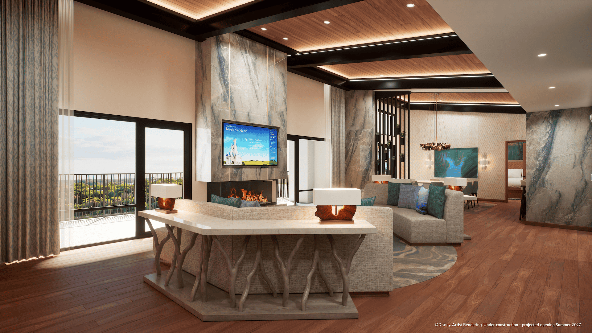 the living space in the Hidden Willow Presidential Suite at Disney's Lakeshore Lodge (Artist Concept)