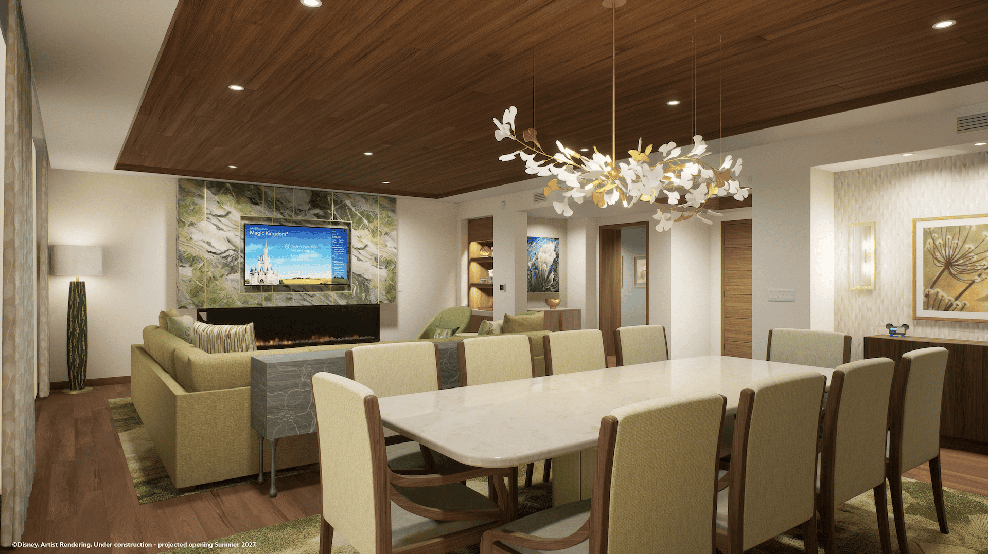 three bedroom grand villa living space layout with dining table (Artist Concept Disney Lakeshore Lodge)