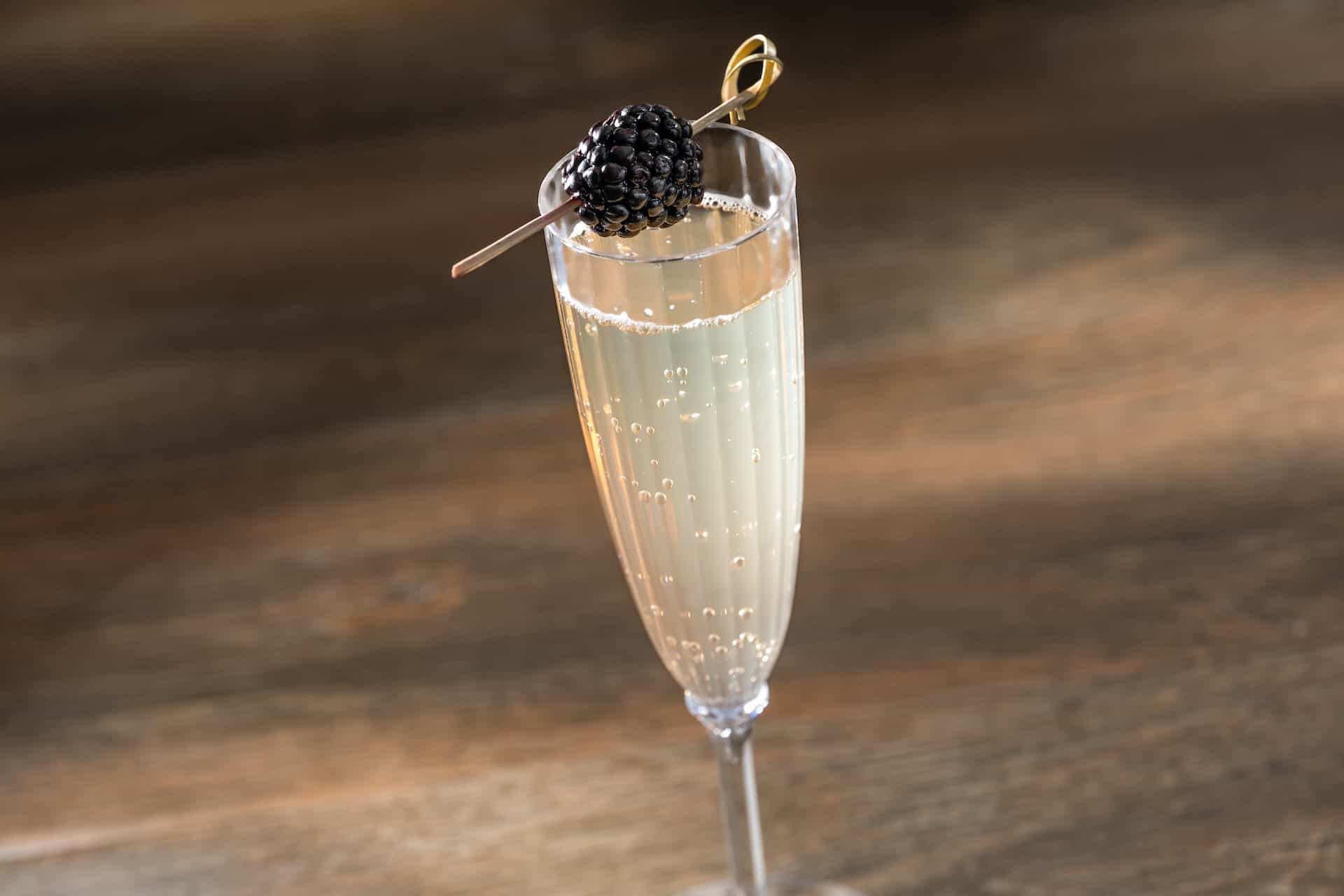 Sparkling Cucumber-Gin Cocktail: Fords Gin, blackberry brandy, cucumber syrup, Minute Maid Premium Lemonade, and Maschio Prosecco (New)