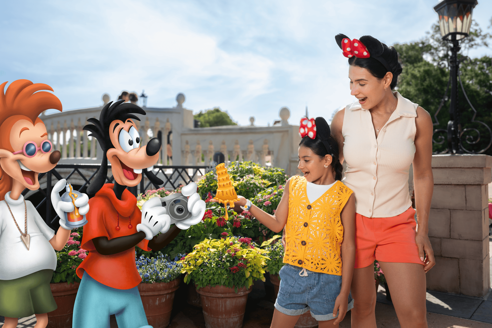 a Max Goof Magic Shot where guests hold a leaning tower of cheese at the Epcot Food and Wine Festival
