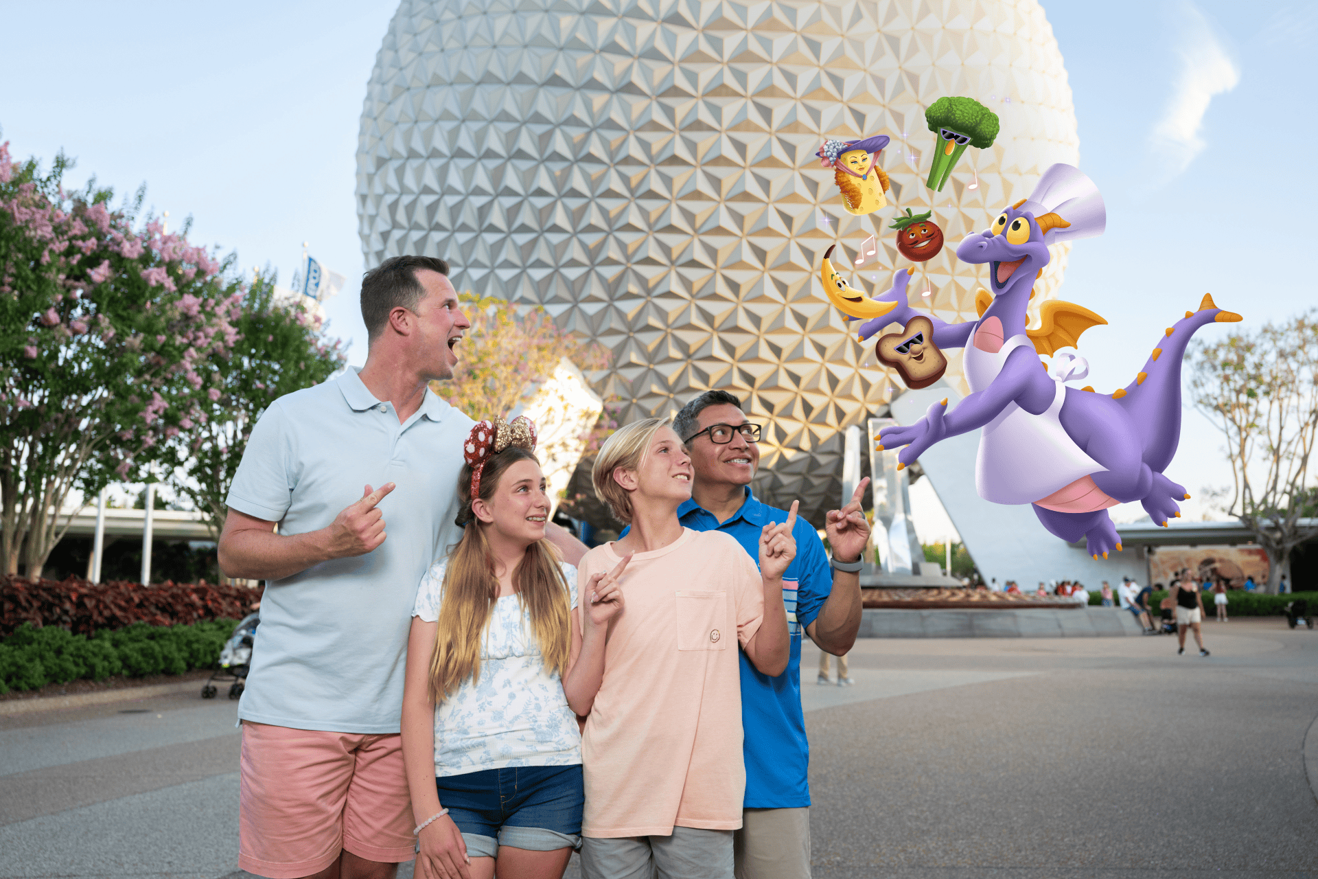 a Chef Figment PhotoPass option in front of Spaceship Earth at the 2026 Food and wine Festival at Epcot