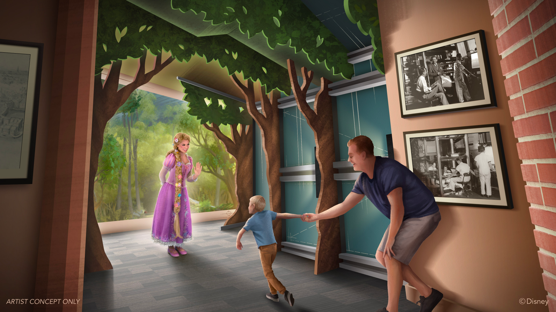 concept art of Rapunzel greeting guests at Off the Page