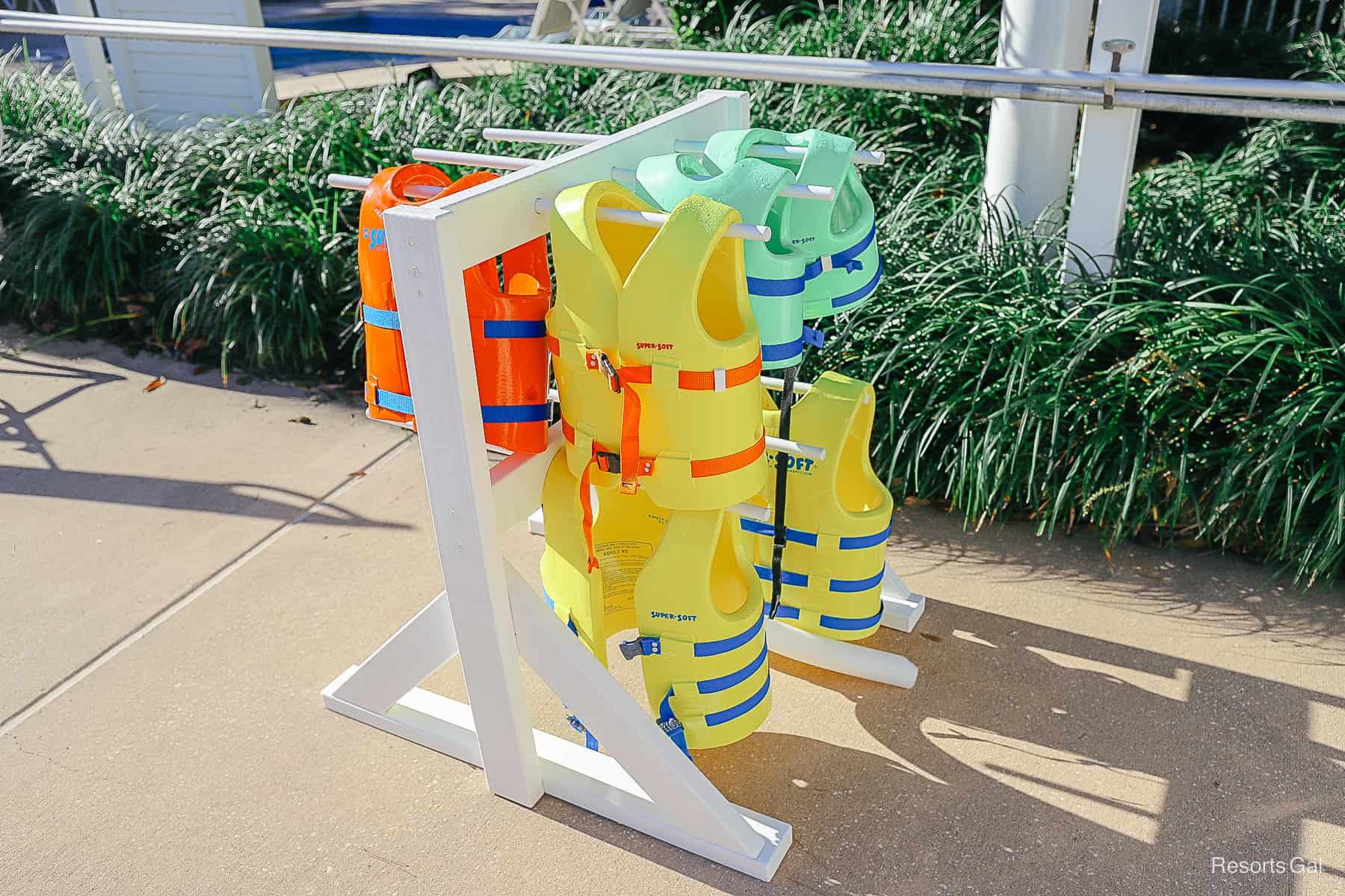 a stand with lifejackets