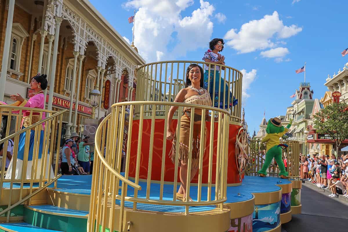 Pocahontas, Mulan, and Mirabel in the Adventure Friends float 