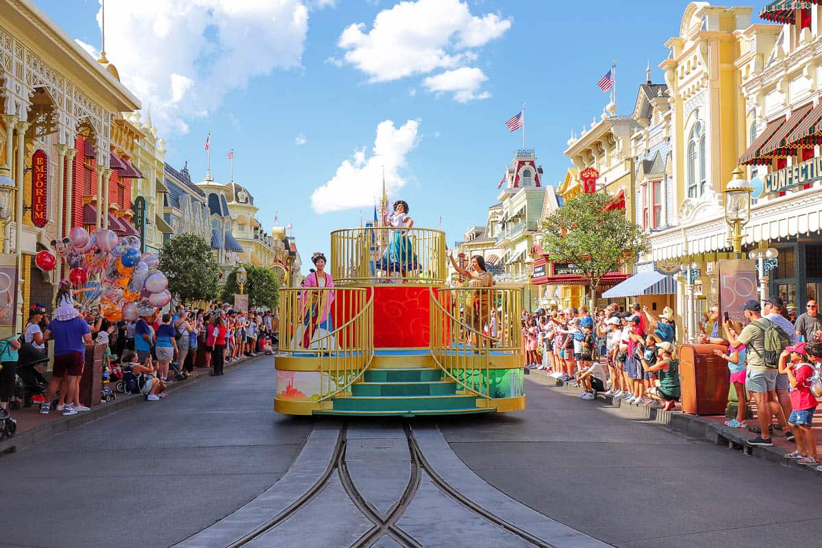 The Adventure Friends Cavalcade as it comes down Main Street USA in the Magic Kingdom. 