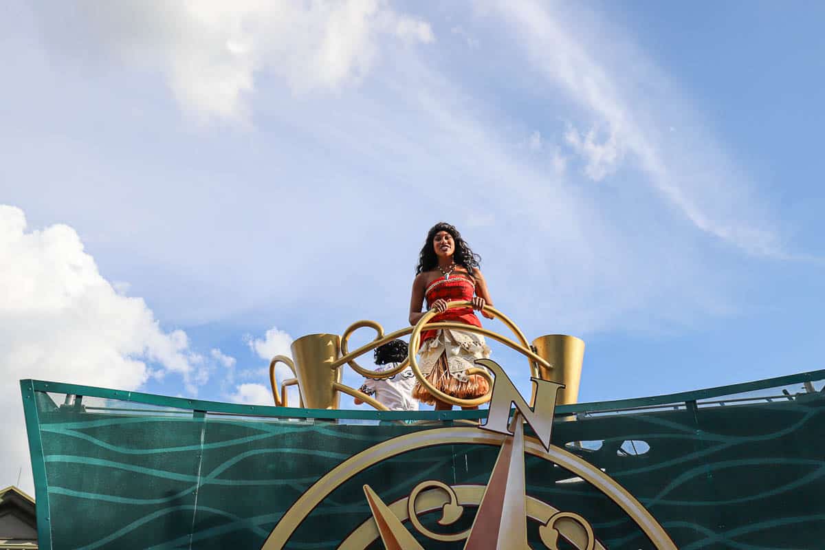 Moana at the top of the float 