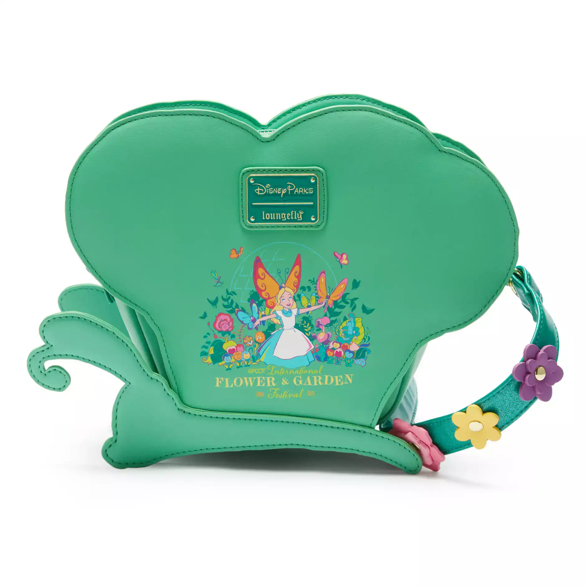 the front of the green Epcot Flower and Garden Festival Alice and Wonderland butterfly loaf crossbody 