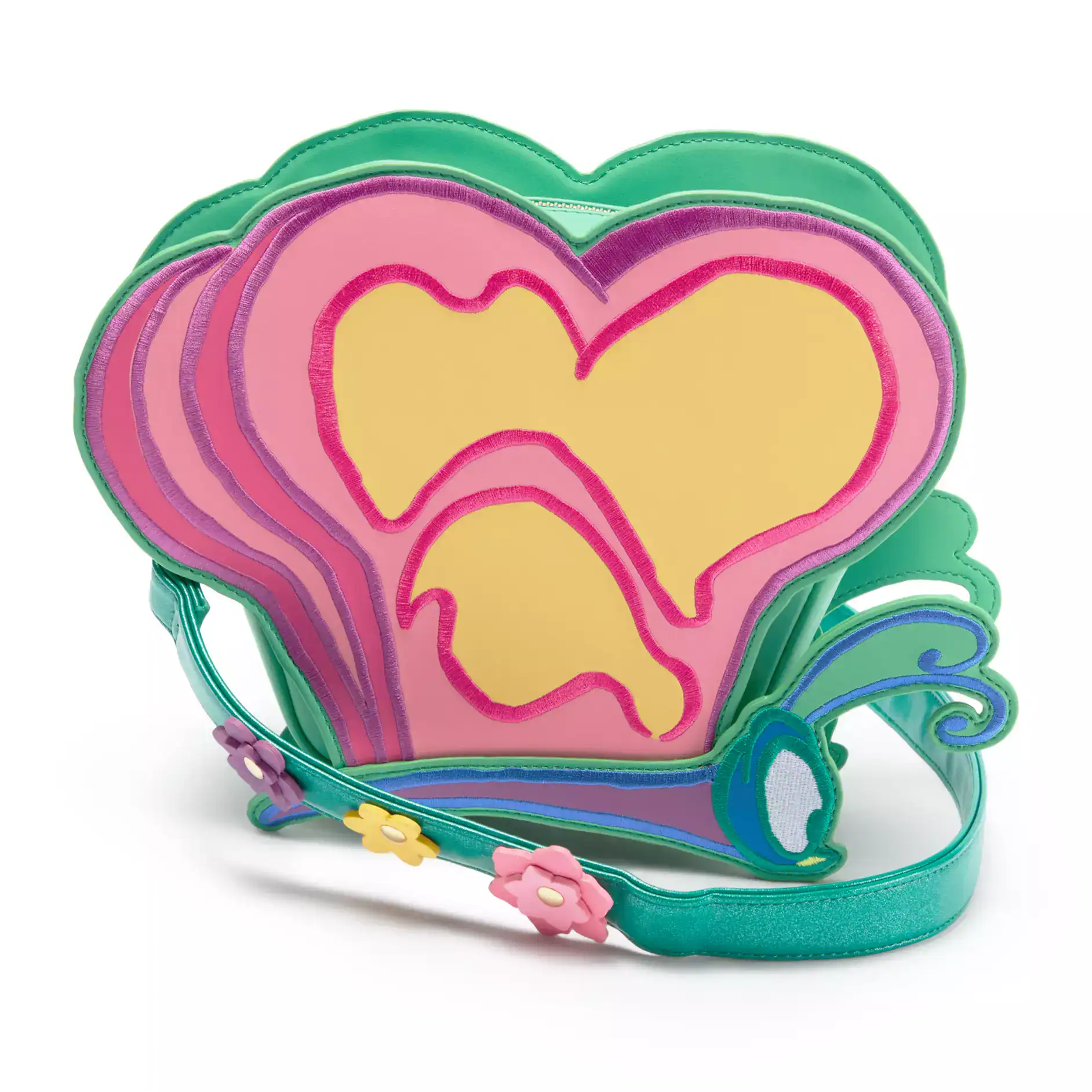 the back of the butterfly crossbody festival Loungefly is pink and yellow 