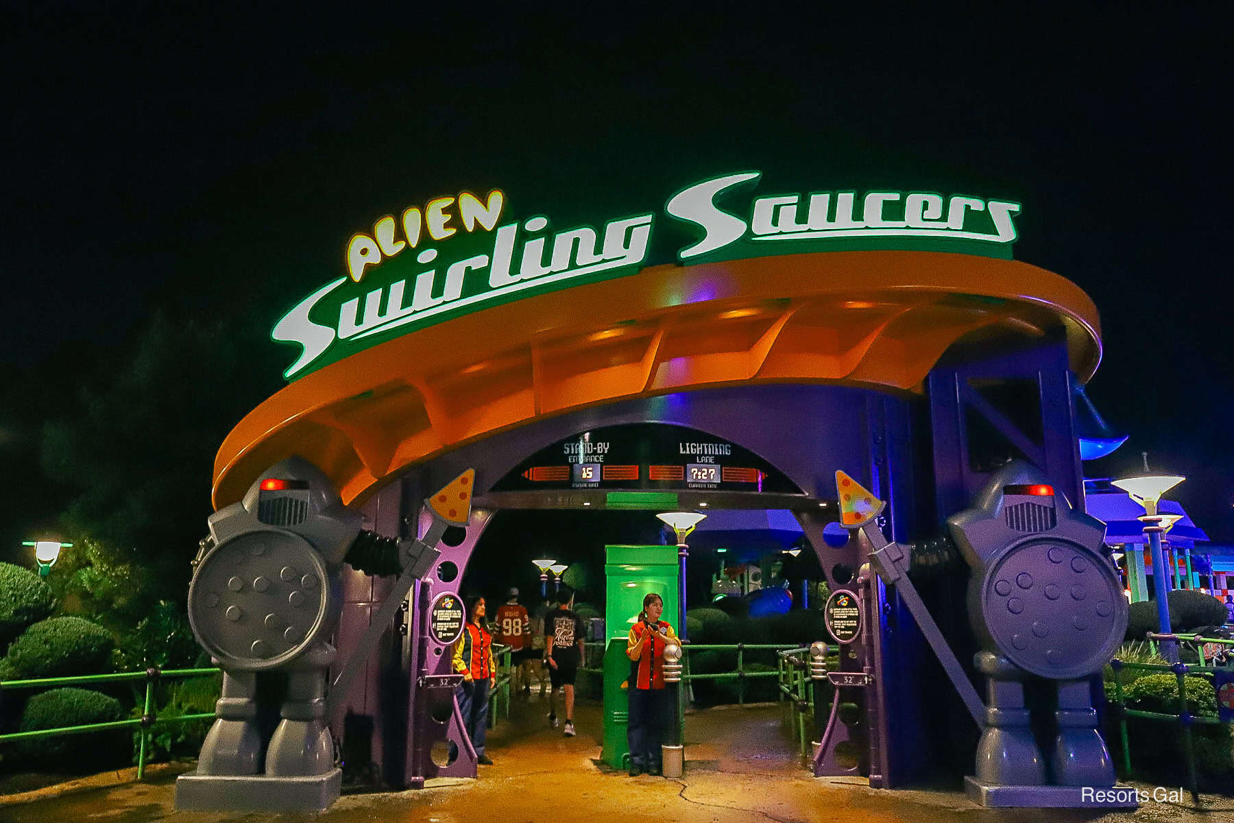 the entrance of Alien Swirling Saucers at nighttime
