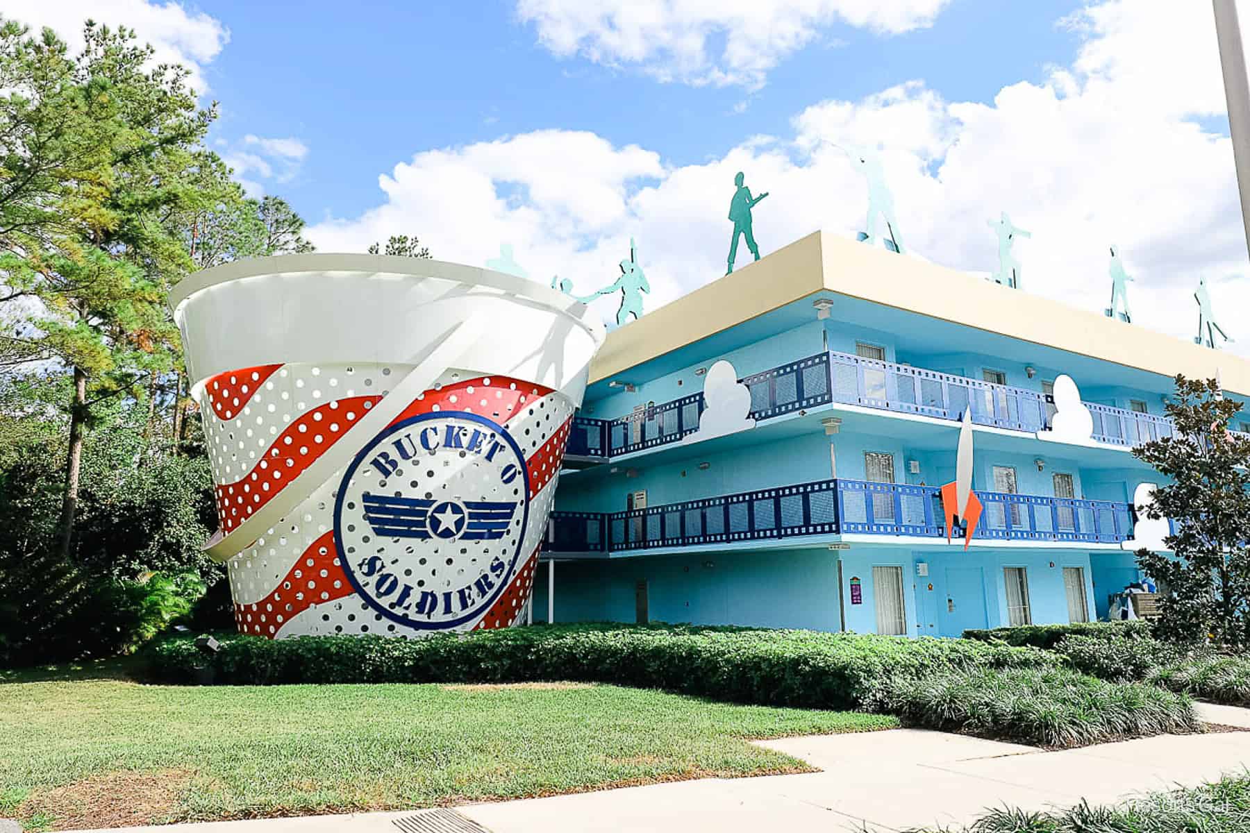 a corner of the building with green army men from Toy Story at Disney's All-Star Movies