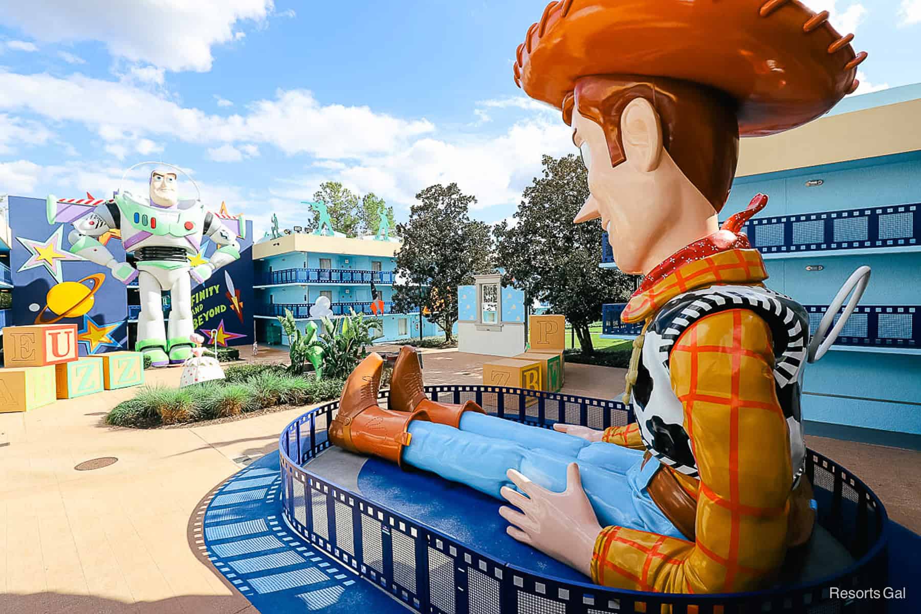 Woody starting at Buzz Lightyear in the Toy Story section of Disney's All-Star Movies Resort.