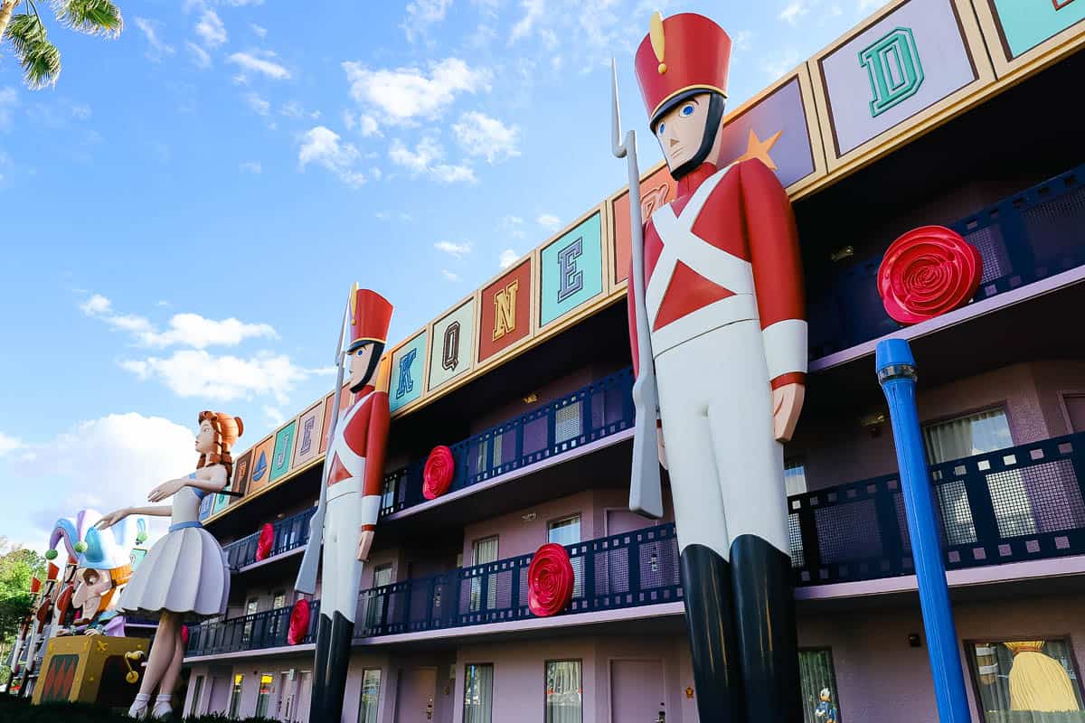 a giant nutcracker and ballerina at All-Star Movies Resort 