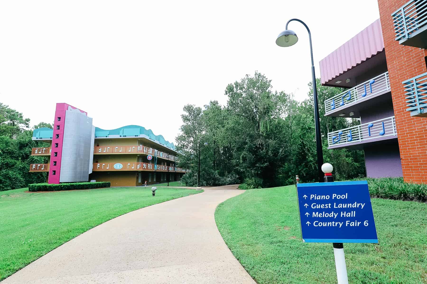 walkway between the Country Fair and Broadway Hotel rooms at Disney's All-Star Music Resort