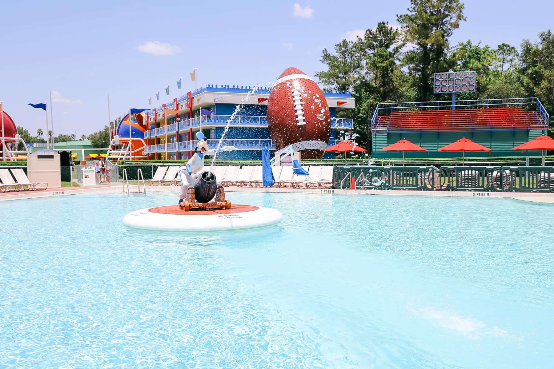 Goofy at the pitcher's mound at the All-Star Sports Pool. 