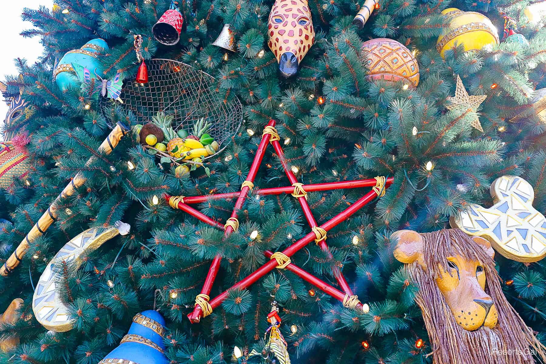 a red wooden star ornament on the Animal Kingdom Christmas tree