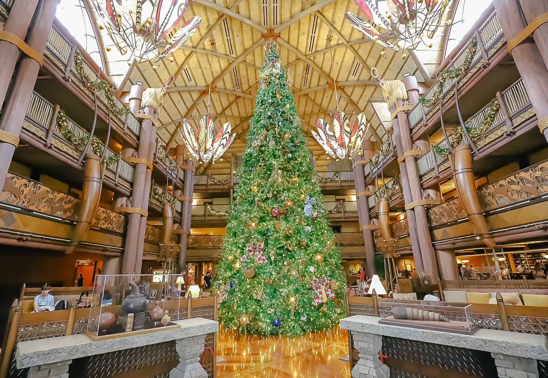 The Jambo House Christmas tree sits in the center of the lobby. 
