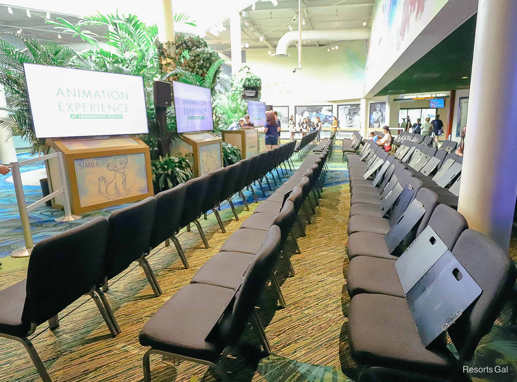 a row of seats at the Animation Experience at Conservation Station 