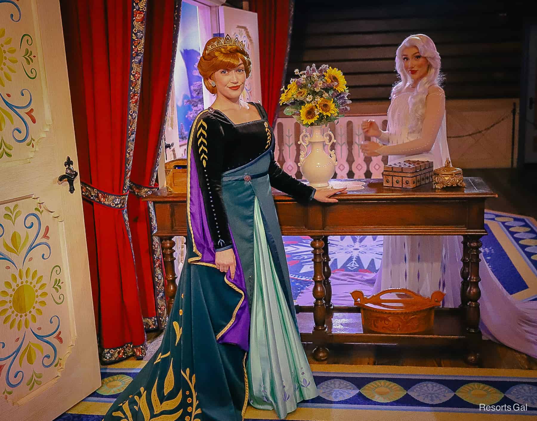 Anna and Elsa at their Epcot location. Anna is on the left and Elsa on the right. 