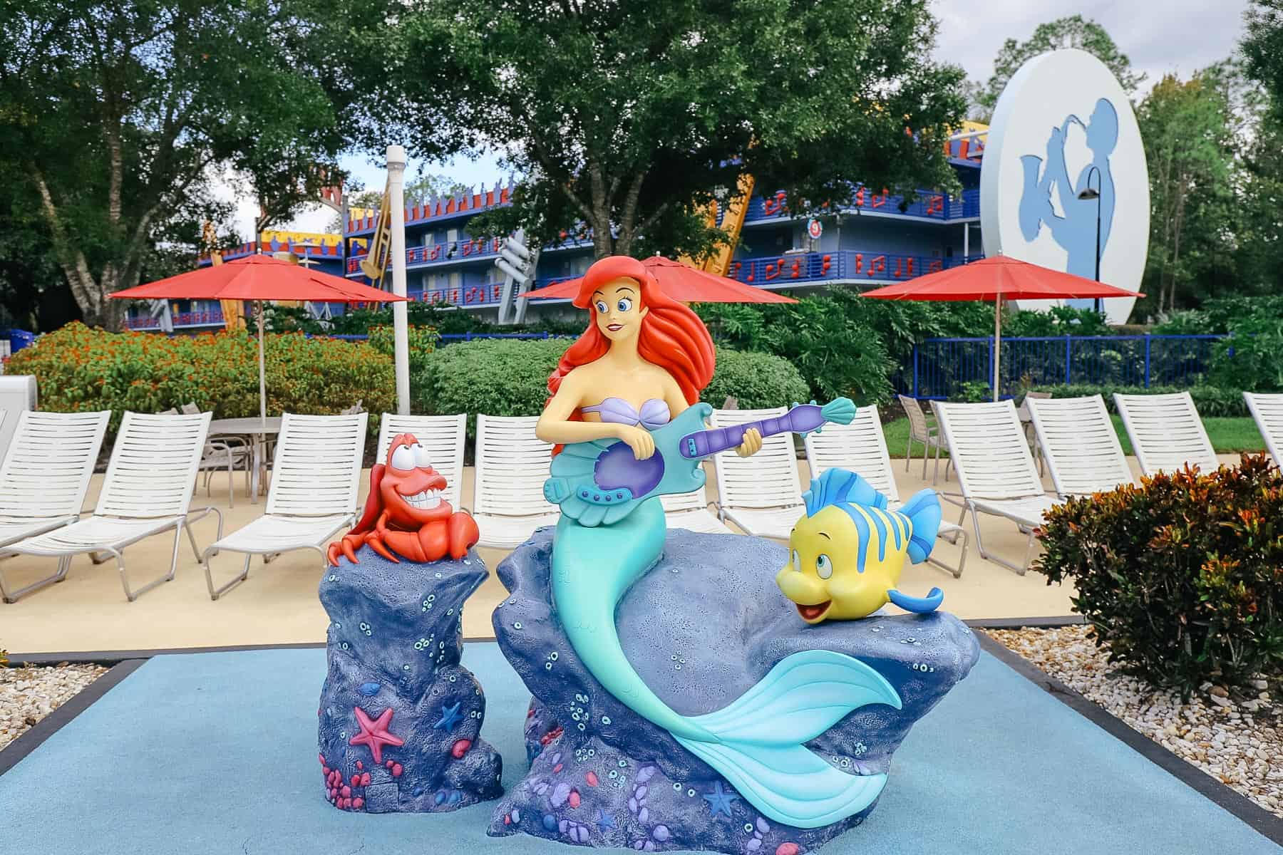 Ariel, Sebastian, and Flounder at the Piano Pool at All-Star Music Resort