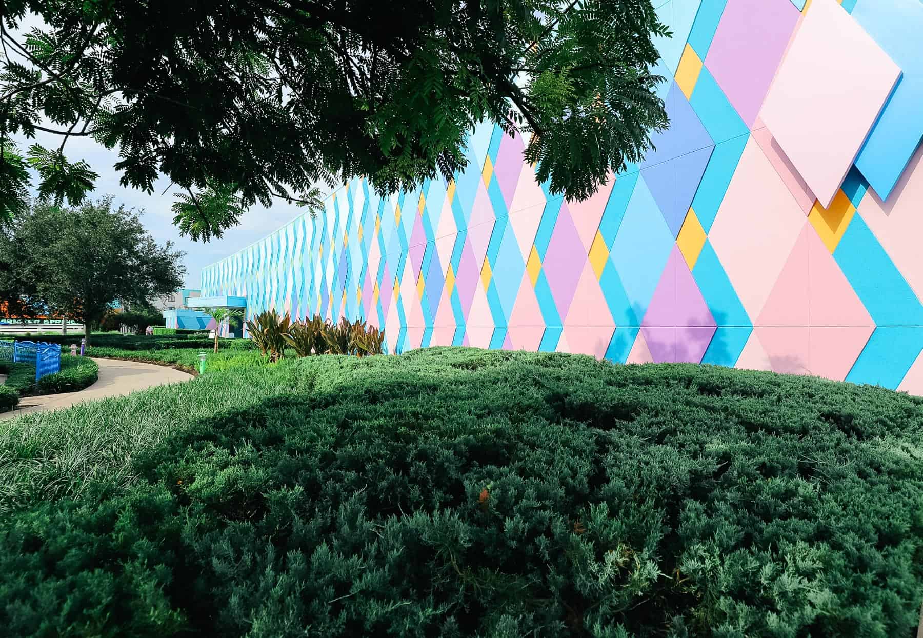 a diagonal pattern of paint colors on the exterior of Art of Animation 