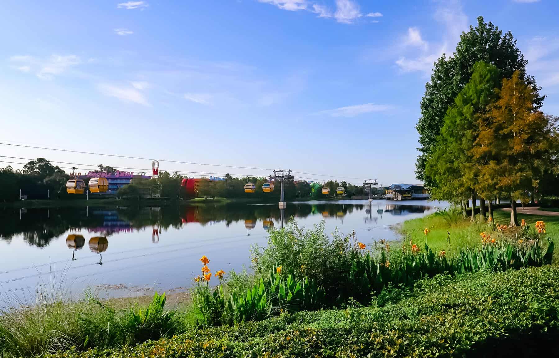 the Skyliner over Hourglass Lake with a reflection in the lake 