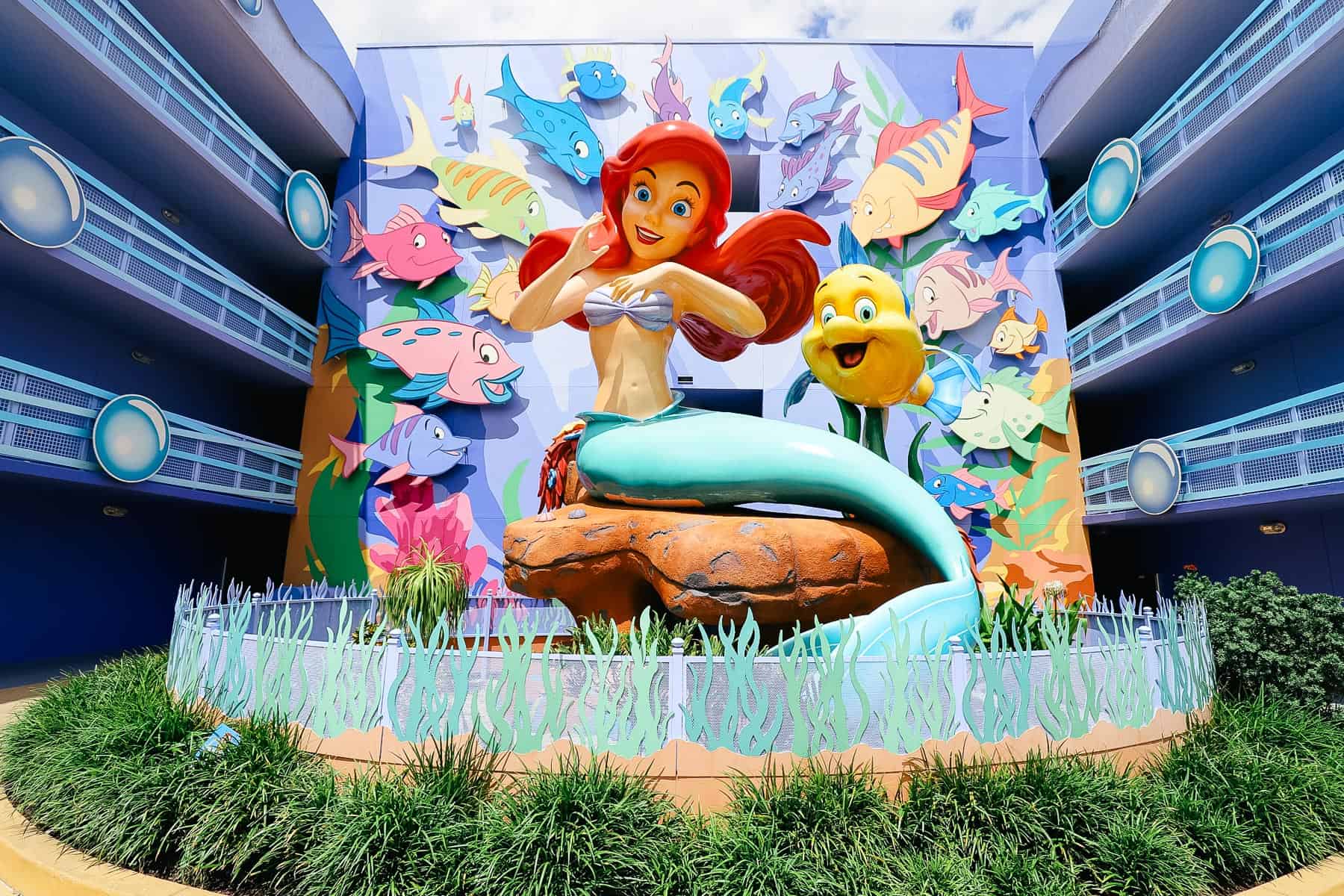 Ariel with Flounder at the back of the Flippin' Fins Pool at Disney's Art of Animation