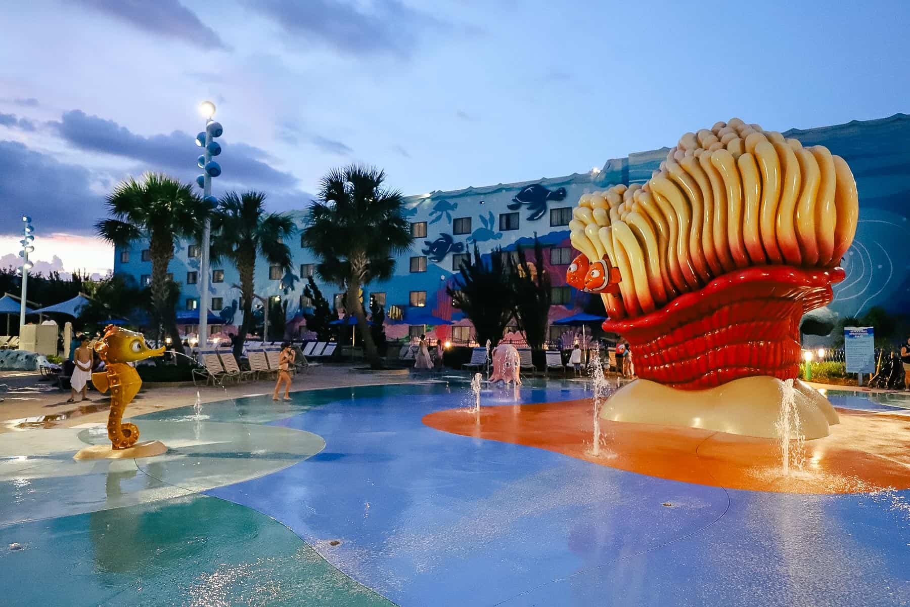 A seahorse spits out water at the splash pad at Art of Animation. 