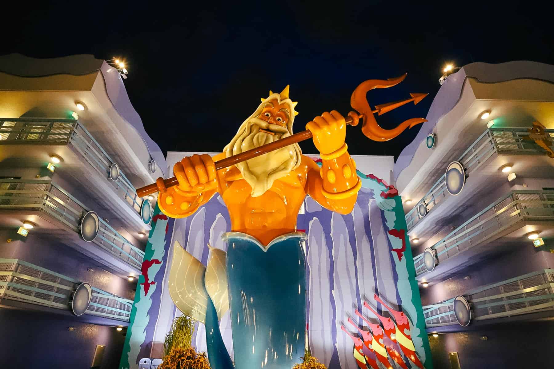 King Triton in front of his section of rooms at Disney's Art of Animation. 