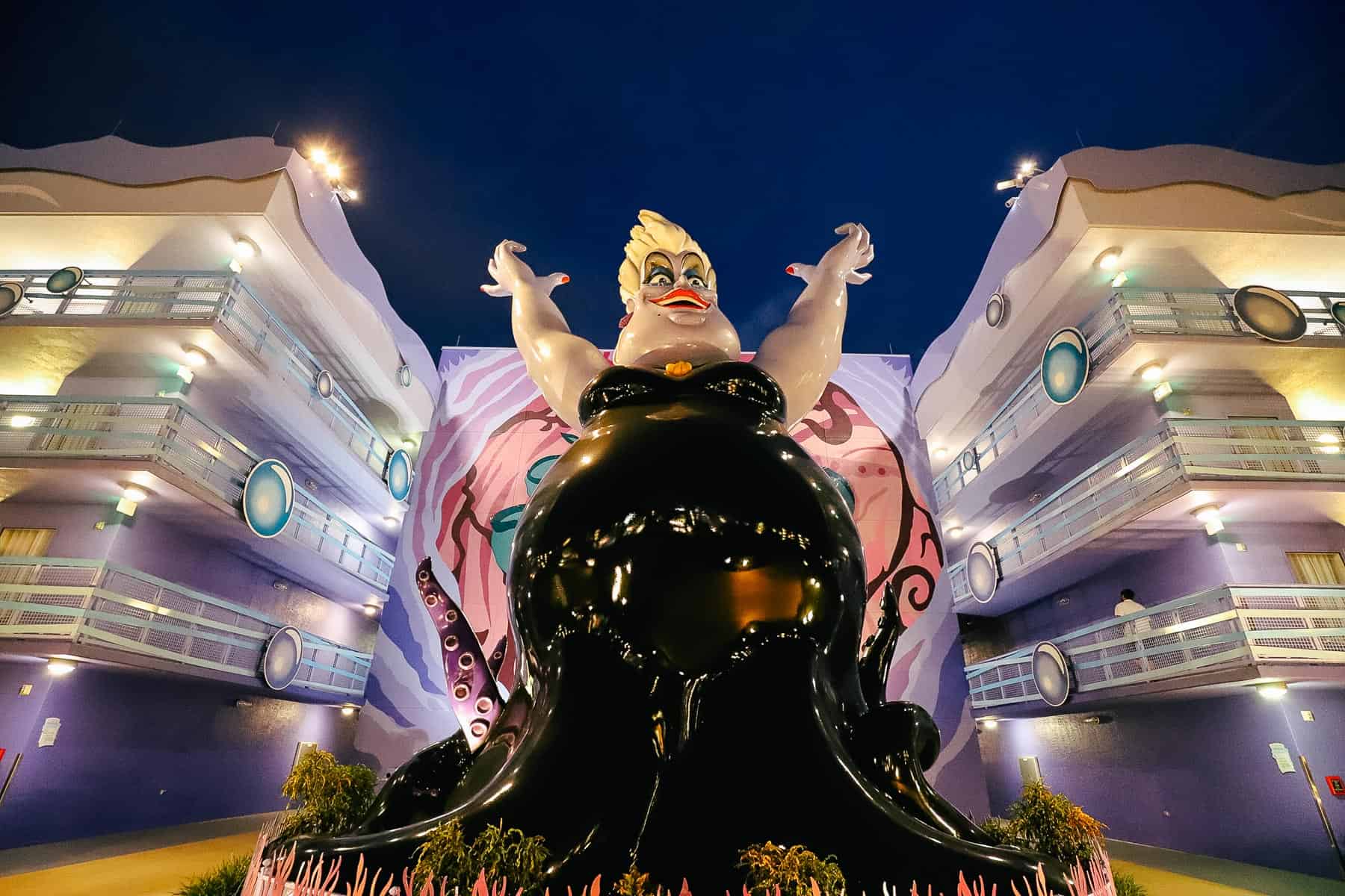 Ursula sits in front of the Little Mermaid rooms at Disney's Art of Animation. 