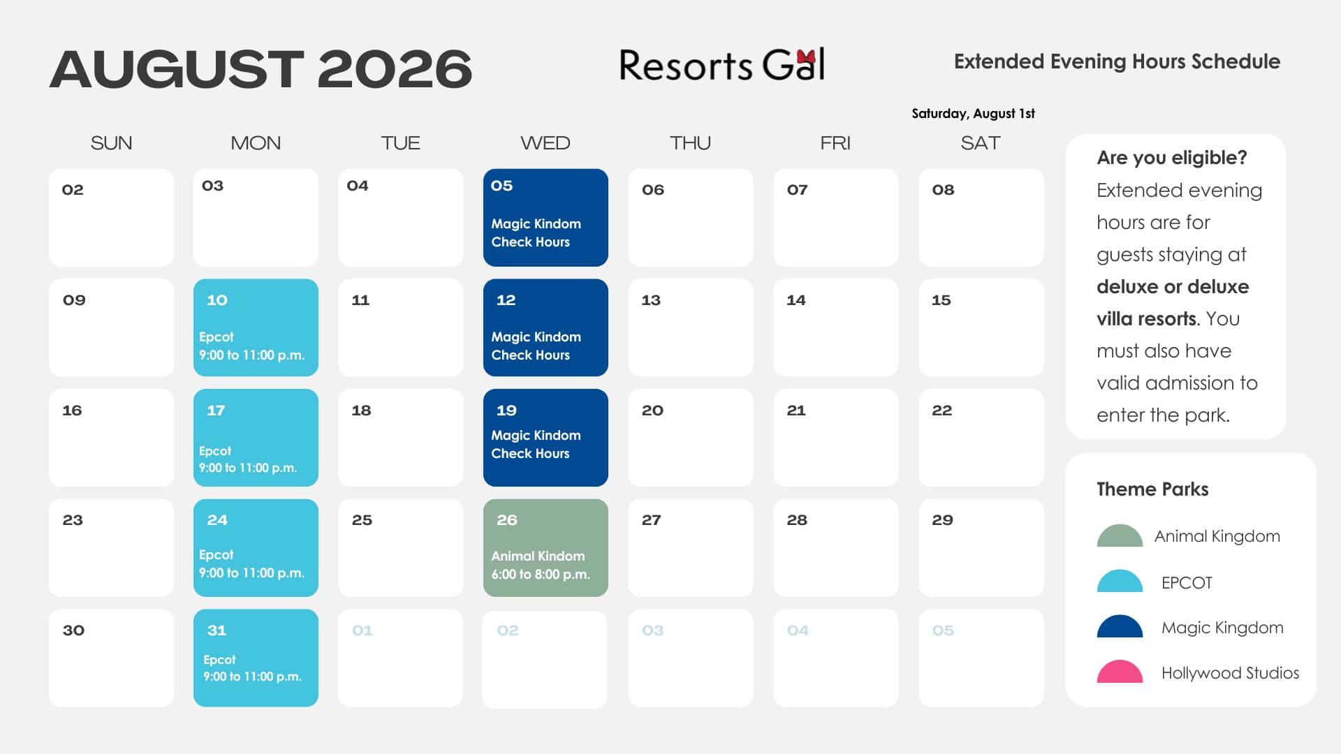 a calendar that highlights August 2026 Extended Evening Hours