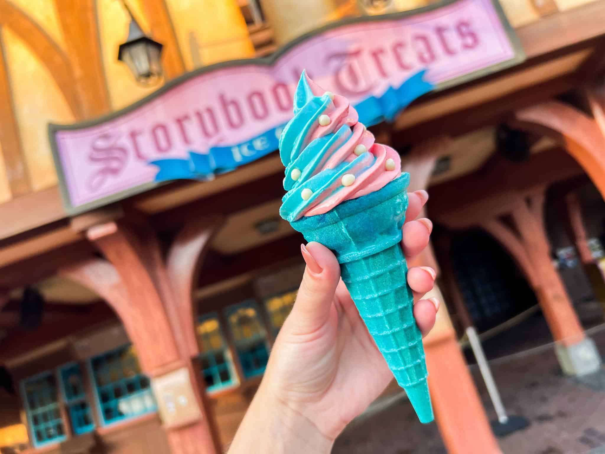 a pink and blue ice cream cone represents Princess Aurora at Disney World