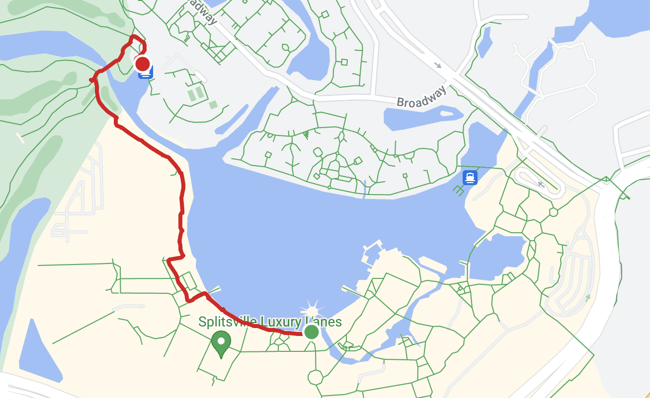 Map of walking from Disney Springs to the Saratoga Springs Boat Dock. 