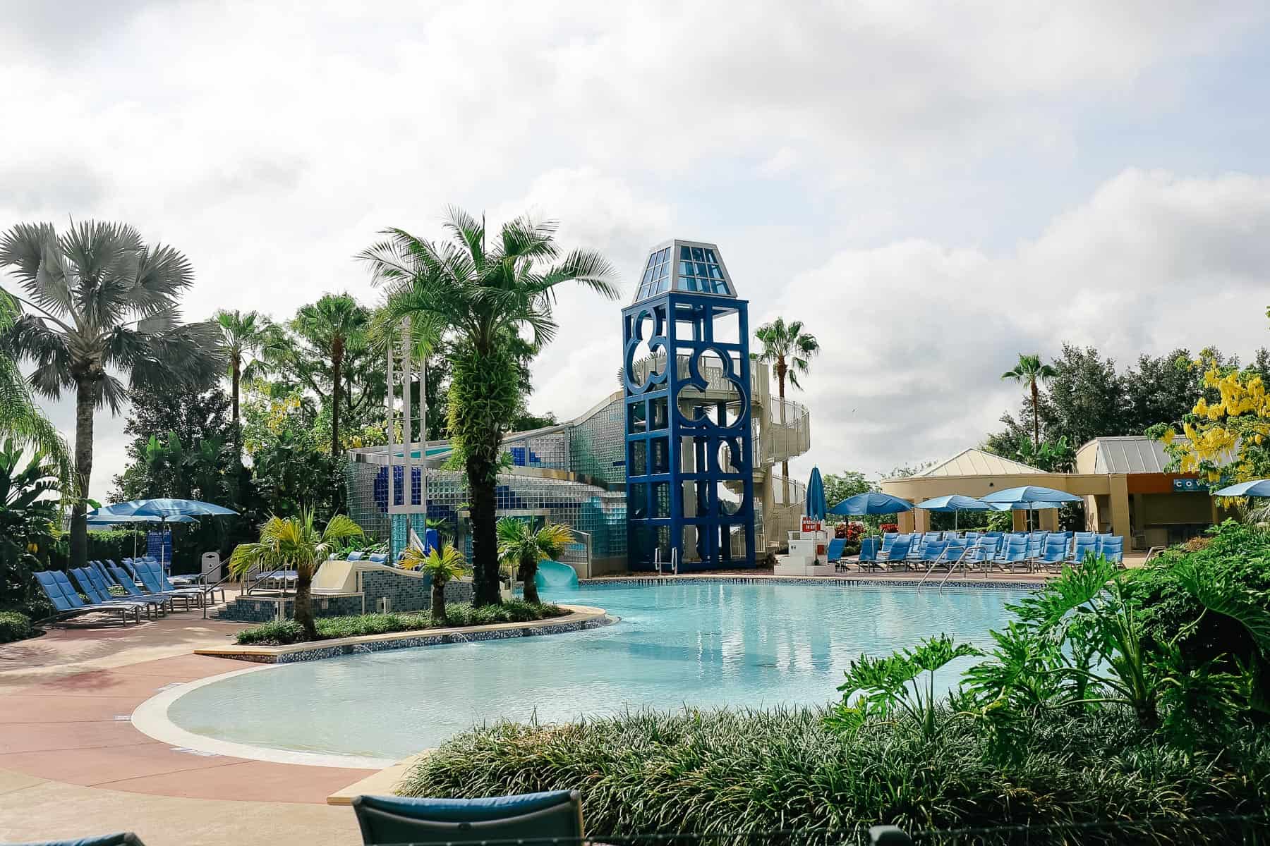 an additional pool angle that shows the slide with a Mickey Mouse on it 