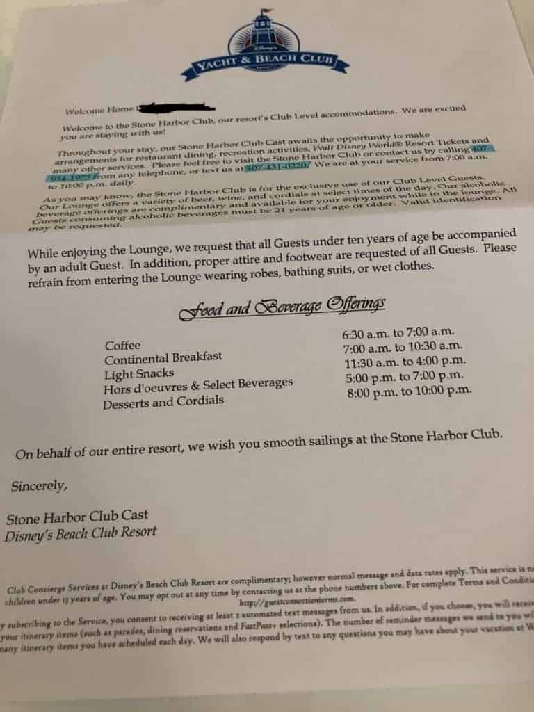 Club Level Welcome Letter to Disney's Beach Club Stone Harbor Club 