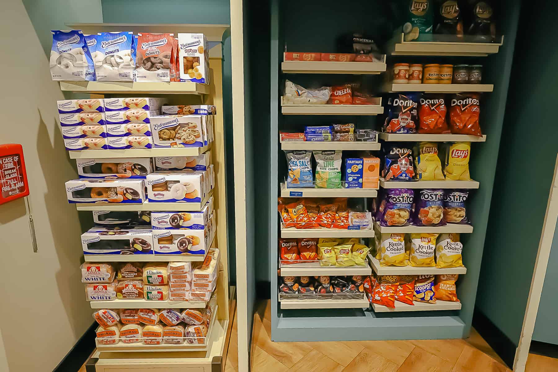 various bakery items and chips, dips 