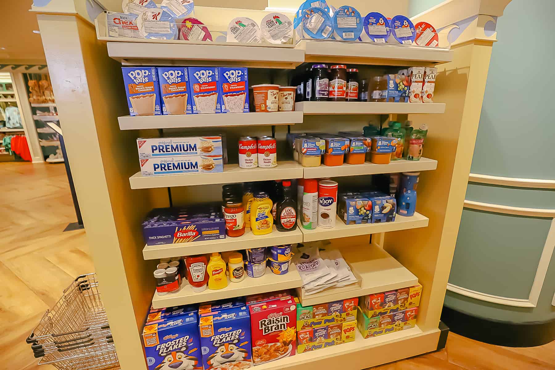 individual cereals, Pop Tarts, baby food, crackers, and various other condiments and staple pantry items 