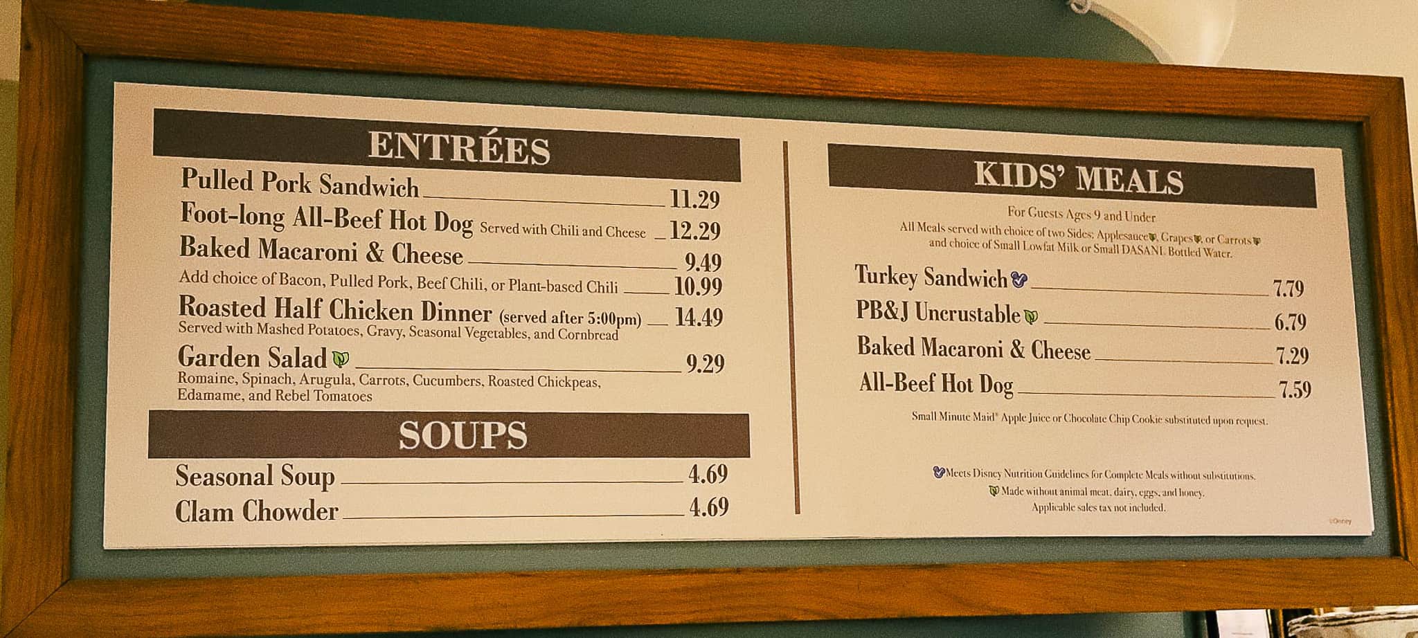 menu for Disney's Beach Club Marketplace 