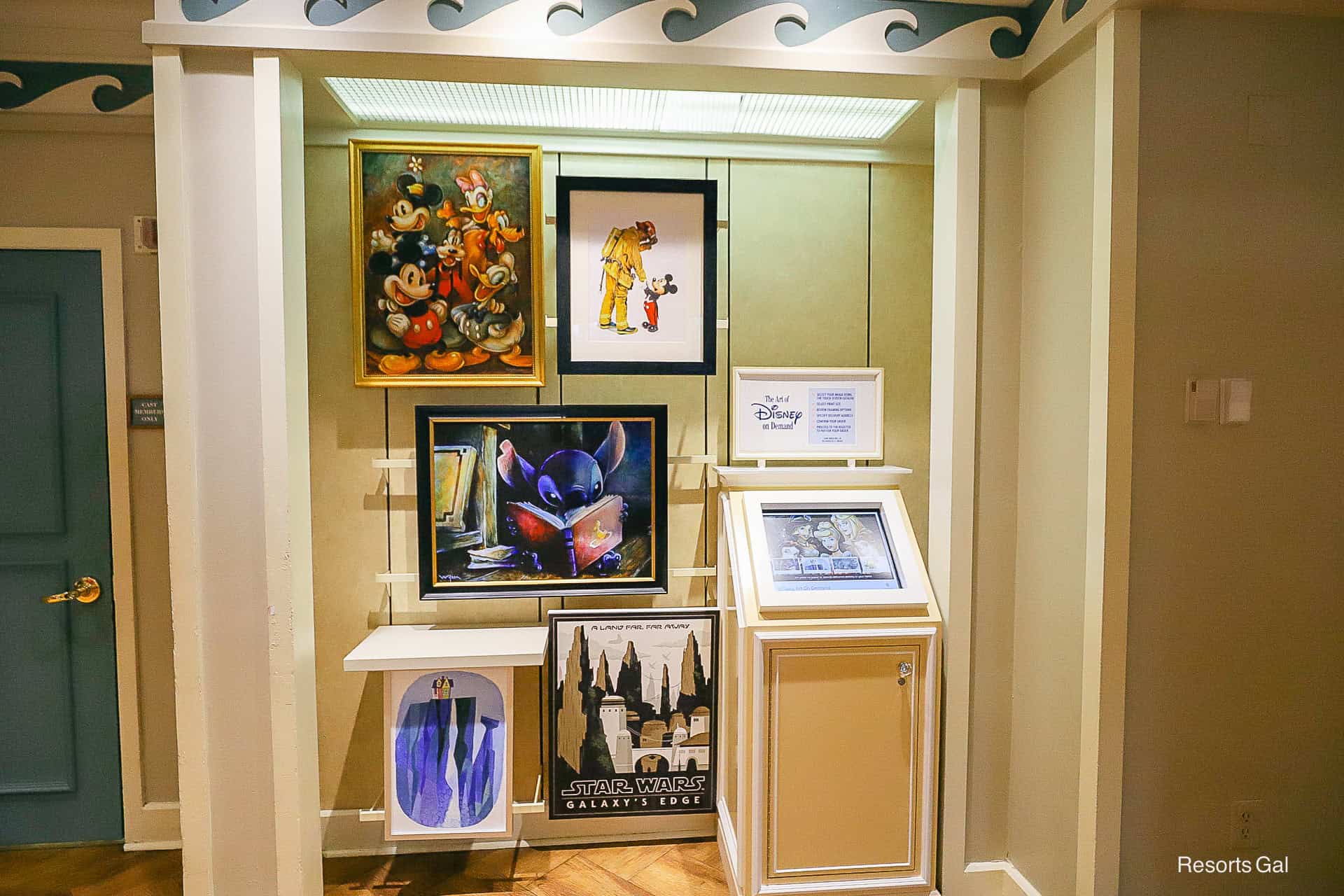 art display surrounding the Art on Demand Kiosk at Disney's Beach Club