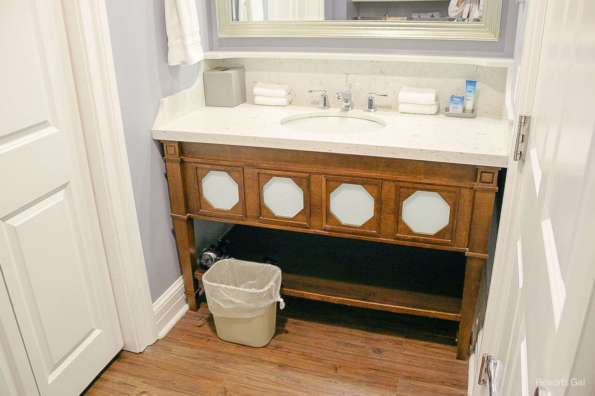 a vanity with one sink 