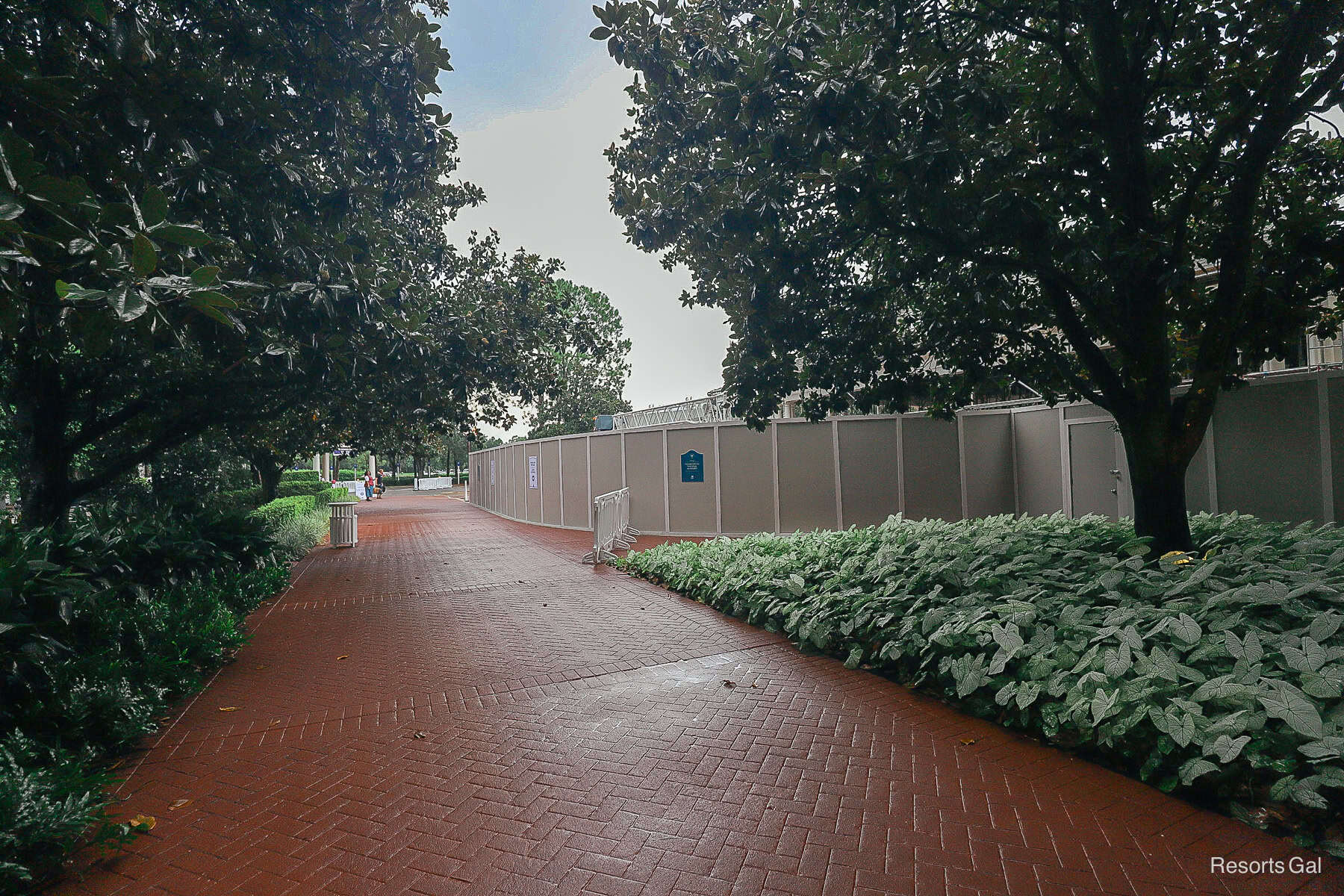 the walkway to the Yacht Club's bus stop near construction walls