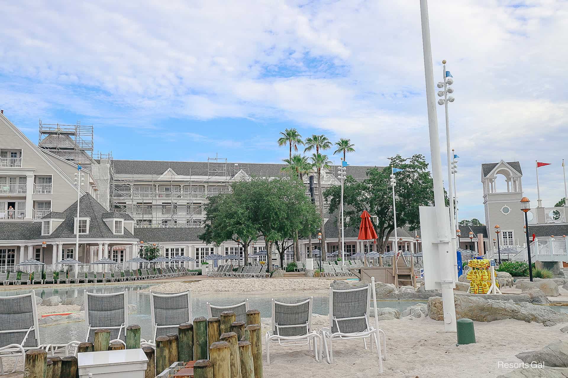 scaffolding over the pool area at the Yacht Club