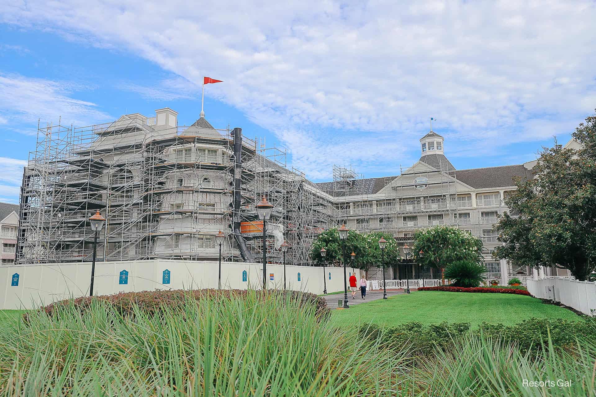 Yacht Club resort entrance closed due to scaffolding and exterior refurbishment