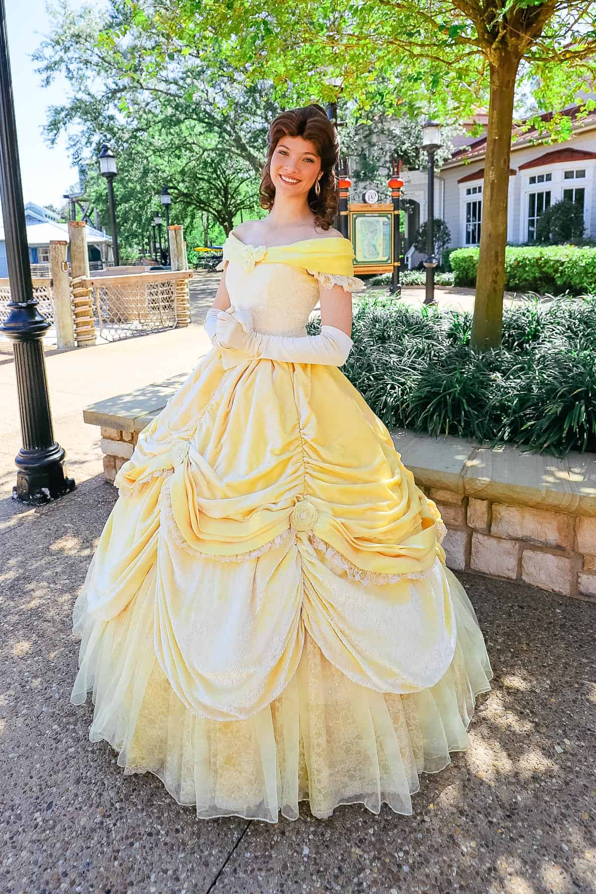 Belle wearing her yellow ball gown at a rare character sighting at Port Orleans Riverside. 