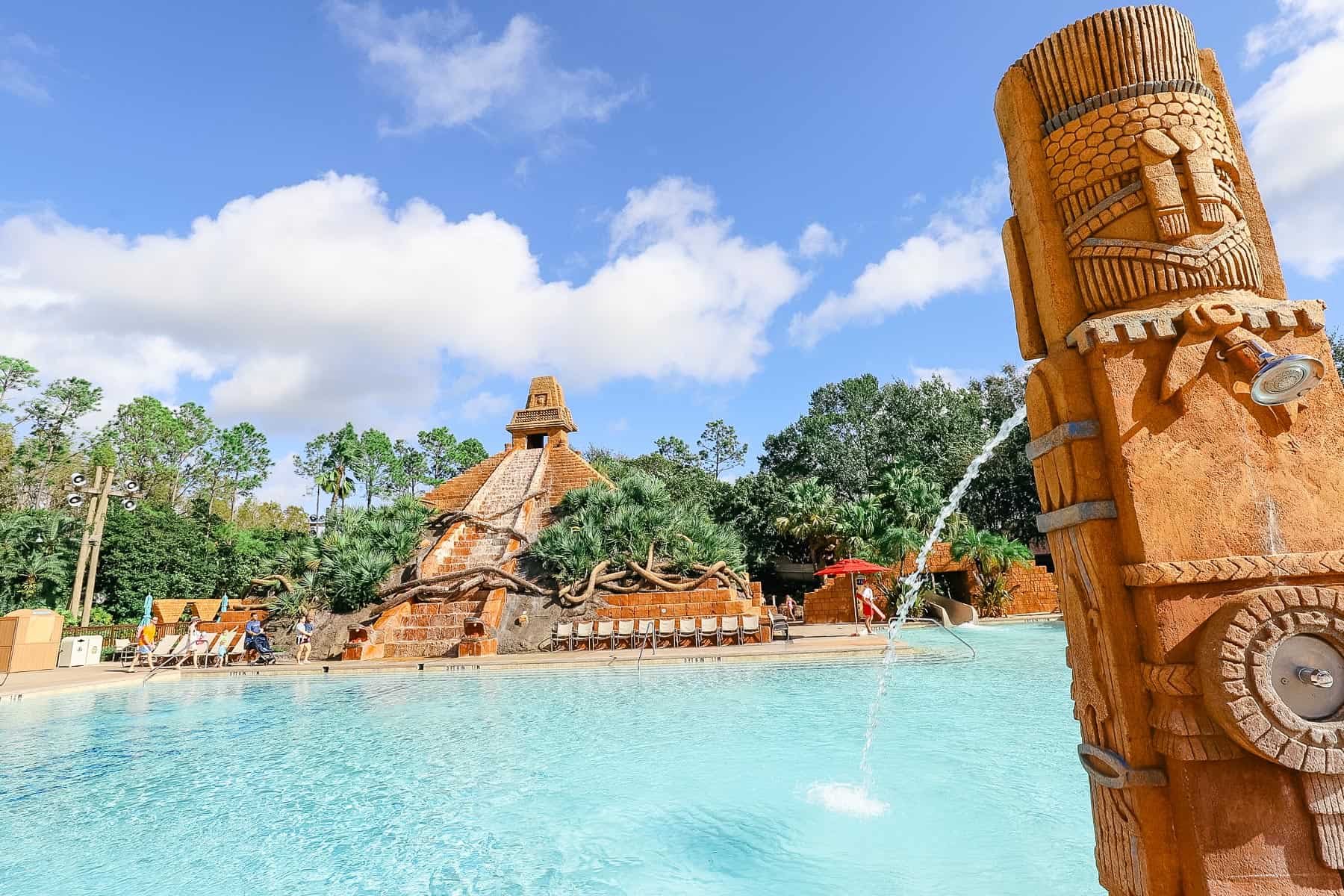 The pool at Disney's Coronado Springs with the pyramid behind it. 