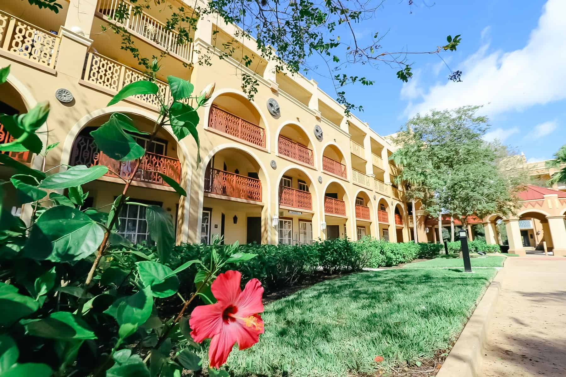 Coronado Springs Casitas with a red hibiscus in bloom 