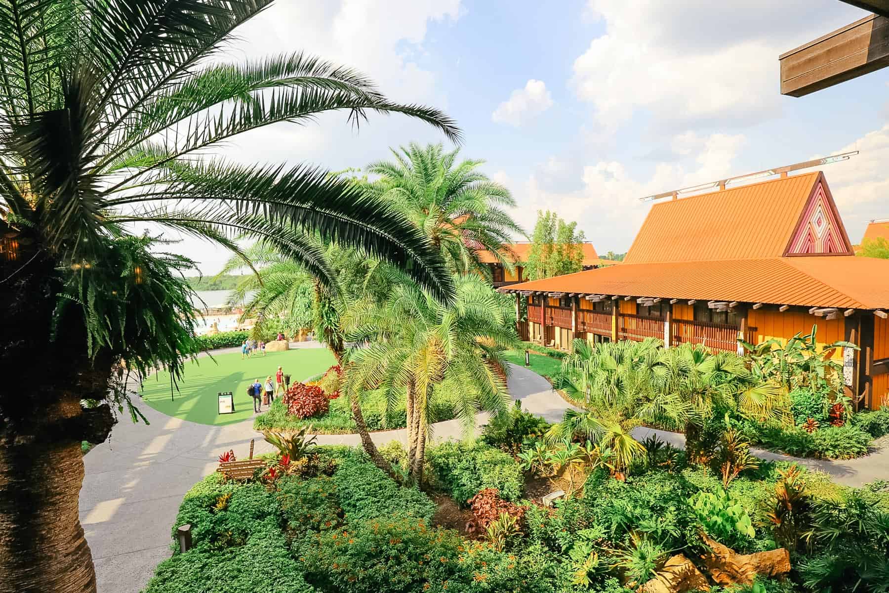 a view of Disney's Polynesian looking out from the lobby windows 