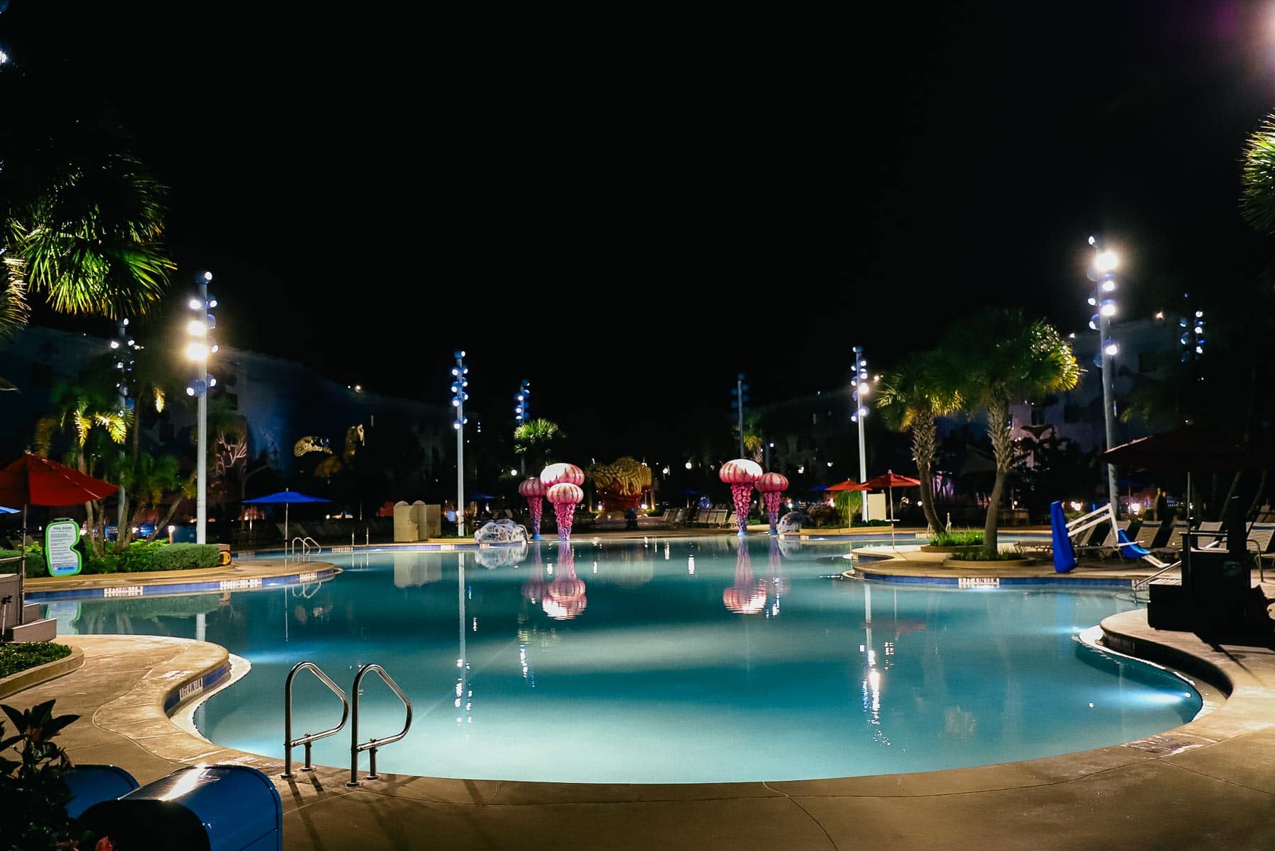The Big Blue Pool at Art of Animation during the nighttime. 
