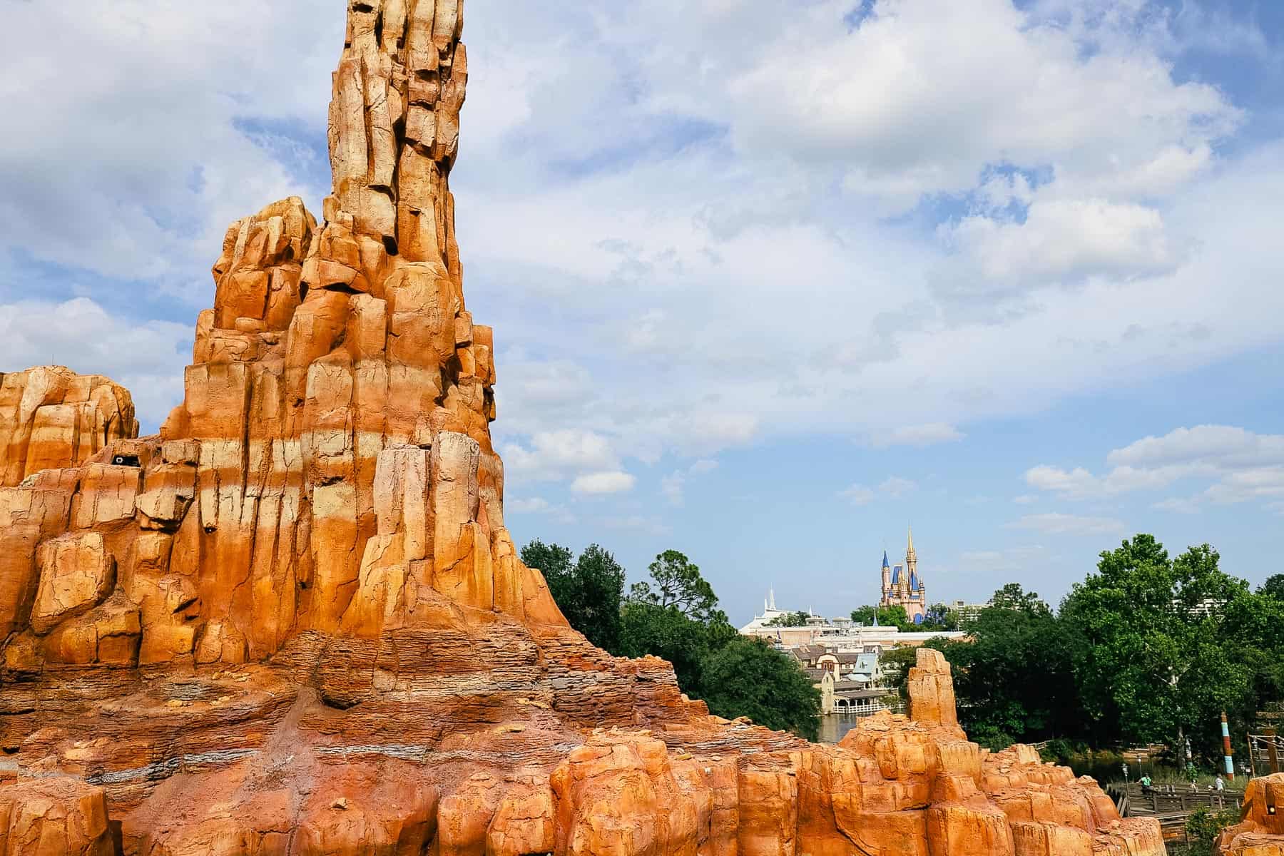 a view of Cinderella Castle from Big Thunder Mountain Railroad. 